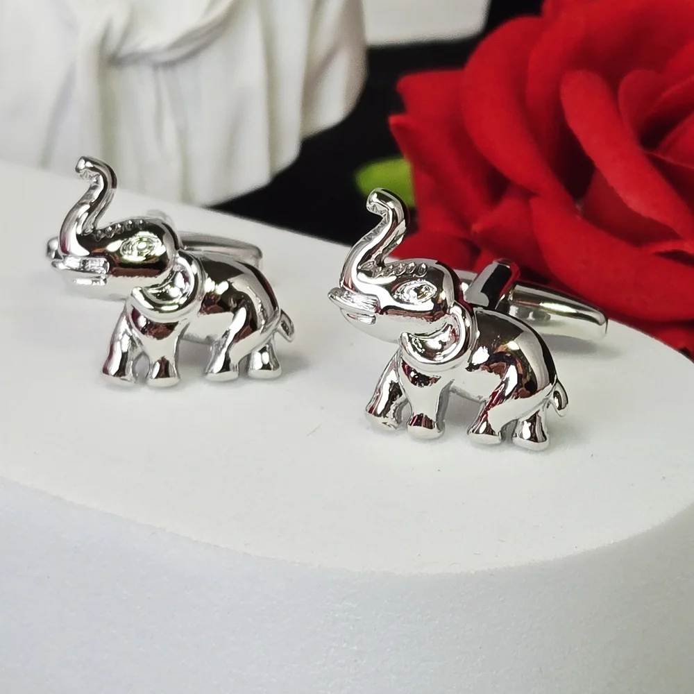 Elephant Cufflinks Silver Raised Trunk Safari Animal Formal French Cuff Links